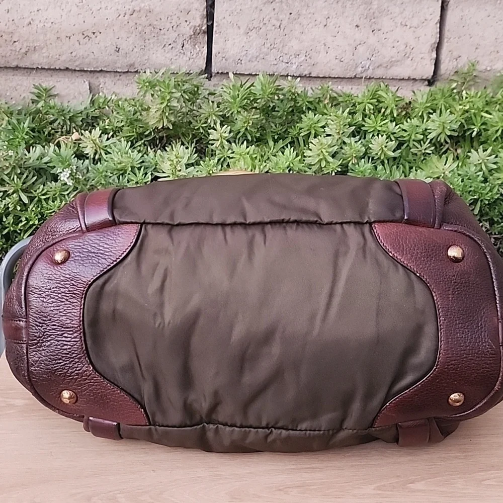 Prada Milano Green Nylon and Brown Leather Hobo Shoulder Bag with Gold hardware
